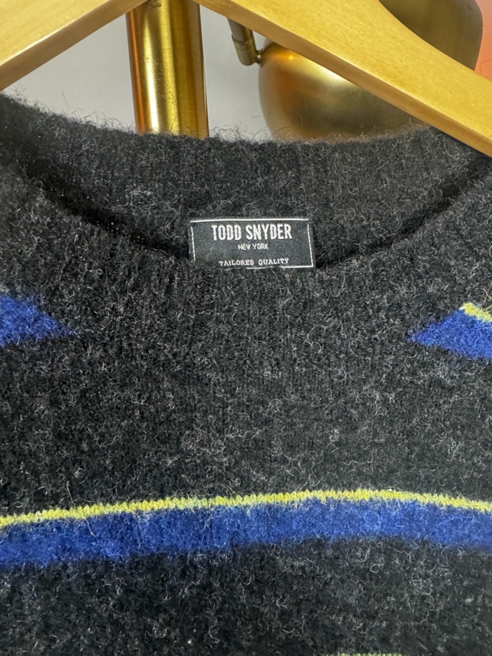 Todd Snyder Black Wool Crewneck Sweater with Blue and Yellow Stripe